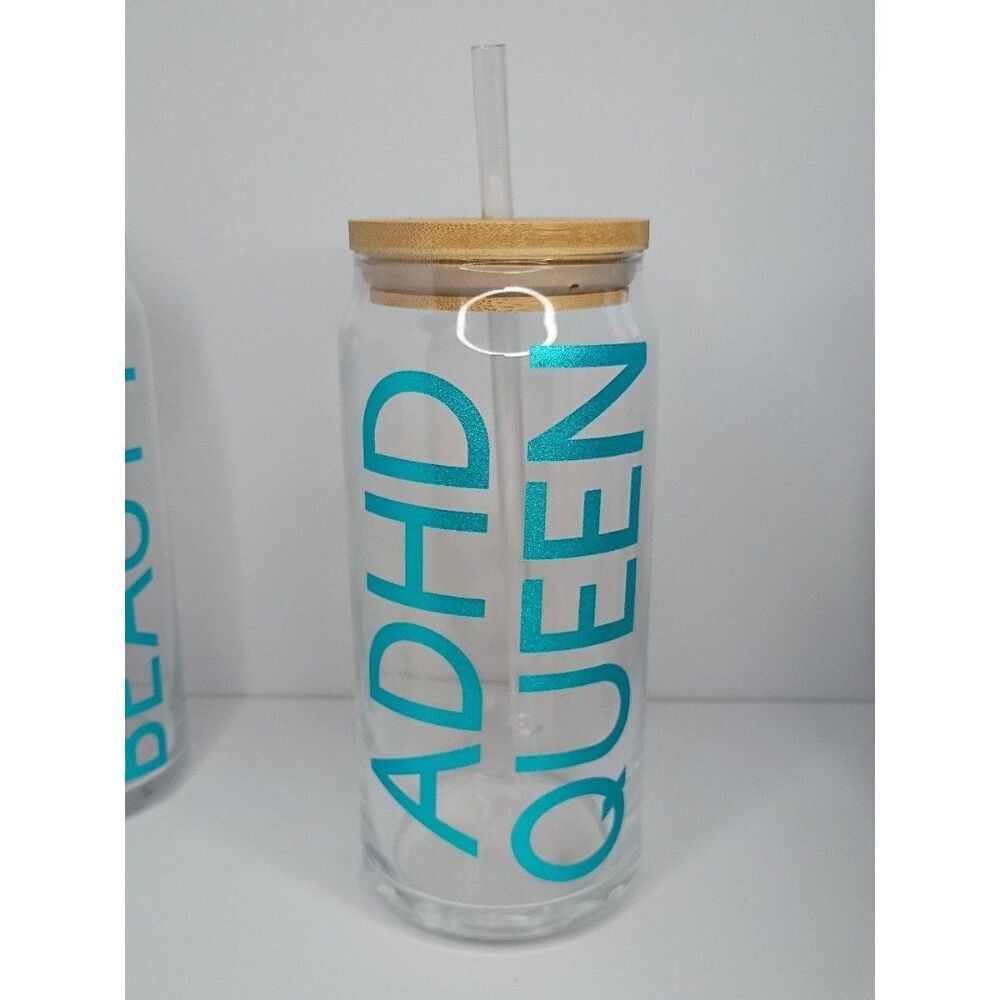 ADHD Queen 20oz Glass Cup Funny Iced Coffee Cup Bamboo Lid Glass Can ADHD Humor